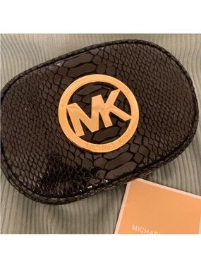 Michael Kors Black Patent Snakeskin Coin Case with Gold MK Emblem